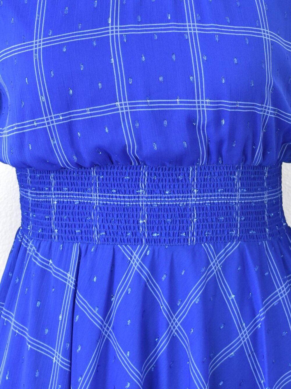 Calvin Klein Plaid Chiffon Mock Neck Smocked Detail Dress - 12 - Picture 9 of 13